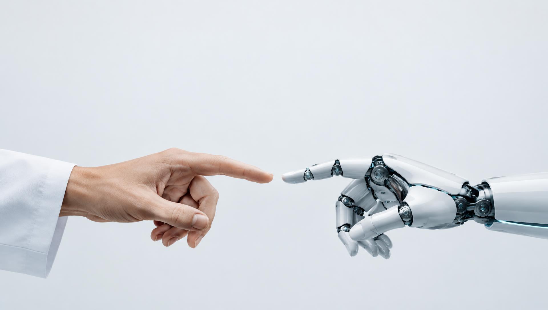 Une main humaine et une main robotique se rejoignent, symbolisant l’alliance du pharmacien et de l’IA